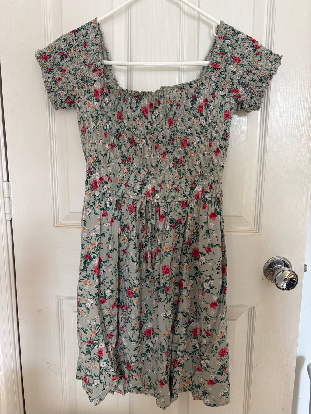 Xhilaration Sage Floral Smocked Off-Shoulder Dress with Pink Roses